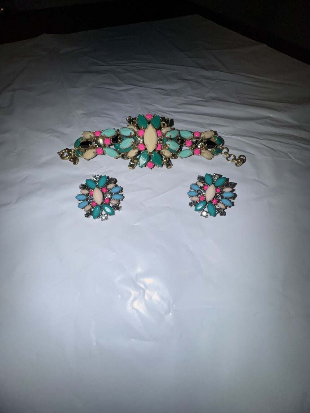 J.Crew Multicolor Rhinestone Crystal Statement Bracelet And Earrings Set